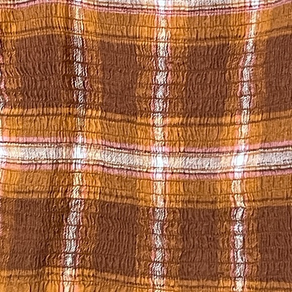 SO Blouse Women's XS Brown Plaid Smocked Cropped Square Neck Long Sleeve - Picture 6 of 8